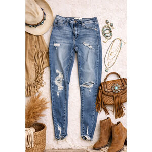 Kancan Mid Rise Raw Hem Skinny Jeans